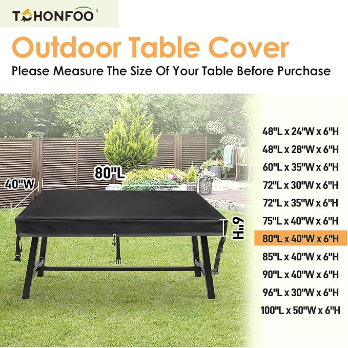 TOHONFOO Rectangular Patio Table Cover - Waterproof Anti-UV Outdoor Dining Table Cover - Outdoor Patio Furniture Cover 80" L x 40" W x 6" H