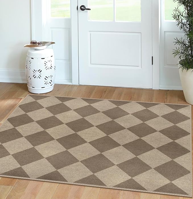 Easy Jute Checkered Area Rug, 3x5 Indoor Outdoor Entryway Rug Washable Brown Modern Diamond Kitchen Rugs, Non-Slip Neutral Farmhouse Throw Carpet for Living Room Patio Kids Room