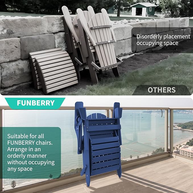 FUNBERRY Folding Adirondack Ottoman Set of 2, HDPE All Weather Outdoor Foot Rest, Easy Storage Patio Footstool, Ottomans and Footstools for Outside