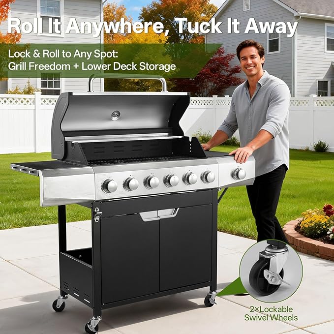 Endark Upgraded 68,500 BTU 6-Burner Stainless Steel Propane Gas Grill – Outdoor BBQ Grill with Side Burner & Porcelain Grates, Barbecue Grill Wheeled for Patio, Garden, Backyard