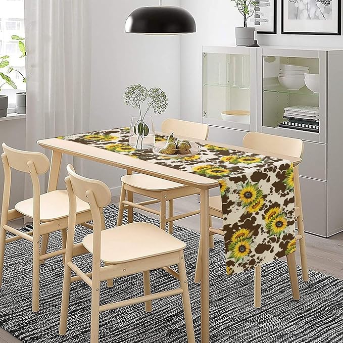 Cow Print Table Runner, Brown Sunflower Cow Print Animal Fur Skin Rustic Cowhide Pattern Table Runner for Kitchen Farmhouse Dining Home Outdoor 13x70in