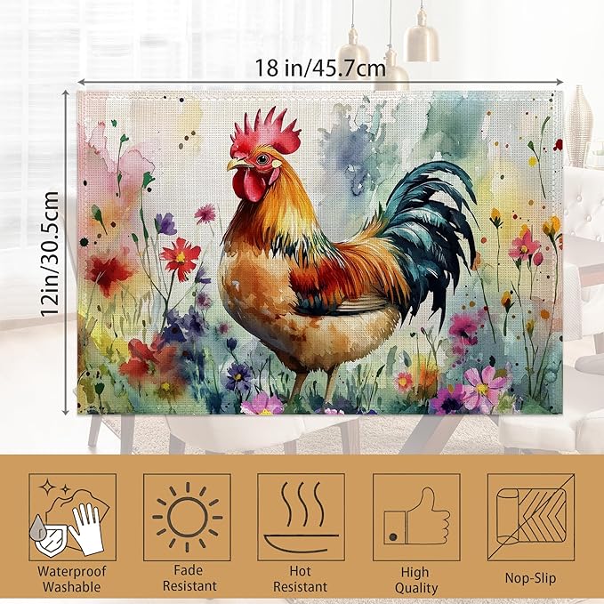 6 Pcs Placemats,Chicken Placemat,Flower Field Table Mats Washable Recyclable Table Placemats for Indoor Outdoor Heat Resistant Kitchen Dining 12"x18"