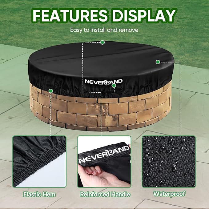 NEVERLAND Round Fire Pit Cover for In-Ground Fire Pits, 46-51 Inch Heavy Duty 600D Waterproof Outdoor Firepit Cover, Fits Built-In Stone Fire Pits, Black