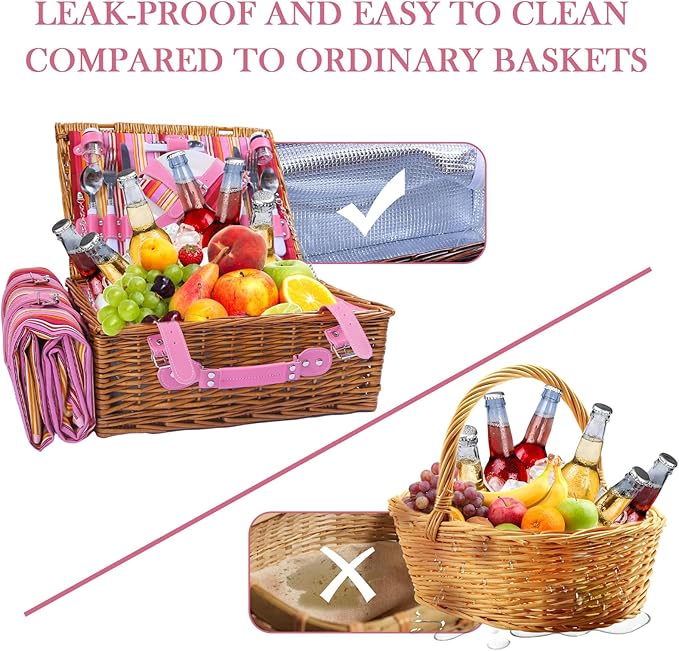 Neti Neti Wicker Picnic Basket for 4 with Insulated Cooler & Waterproof Blanket – Large Willow Picnic Hamper for Outdoor, Camping, Beach, Romantic Dates, Valentine’s Day