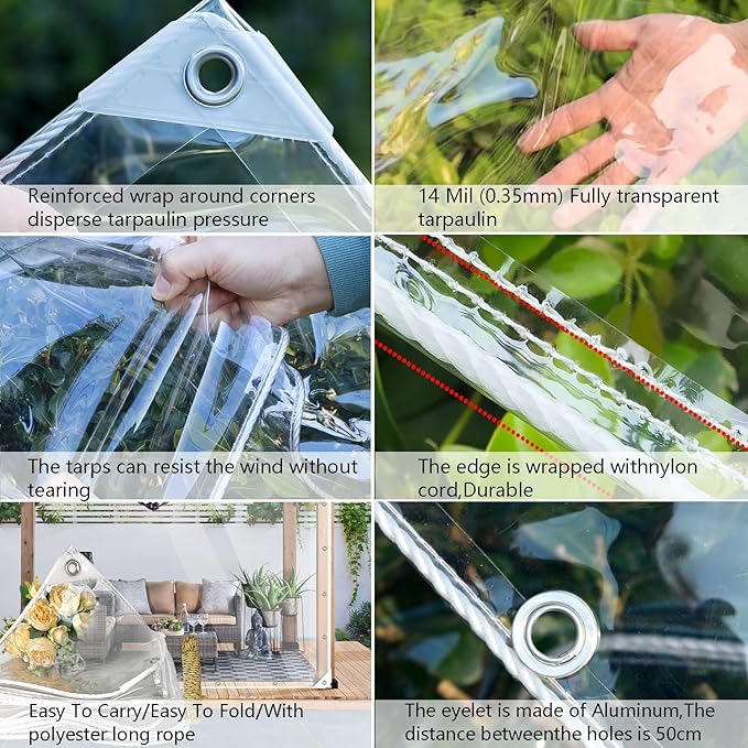 Clear Tarps Heavy Duty PVC, Transparent Tarp Durable Waterproof Dustproof Windproof, Tarpaulin with Grommets & Ropes for Greenhouse, Patio, Garden, Pavilion, Chicken, Porch, Outdoor (3.3' x 8.2')