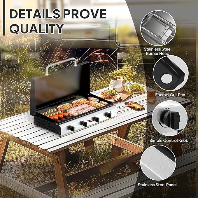 Bonnlo 4 Burner Portable Propane Griddle with Lid, 40000BTU Tabletop Flat Gas Grill with Ignition and Oil Collector, Camping Griddle for Outdoor Cooking Patio Backyard Sandbeach BBQ Party