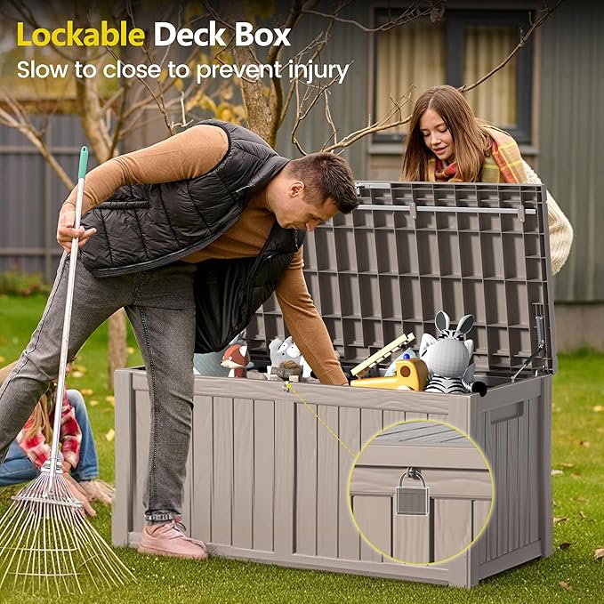 Zapdos Outdoor Storage Box, 120 Gallon Deck Box with Stainless Steel Rods, Waterproof Large Resin Storage Bin for Patio Cushions Garden Tools, Lockable, Fade Resistant, Grey