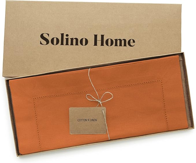 Solino Home Cotton Linen Table Runner 36 Inches - Pumpkin Hemstitch Table Runner 14 x 36 Inch Ideal for Dresser and Coffee Tables