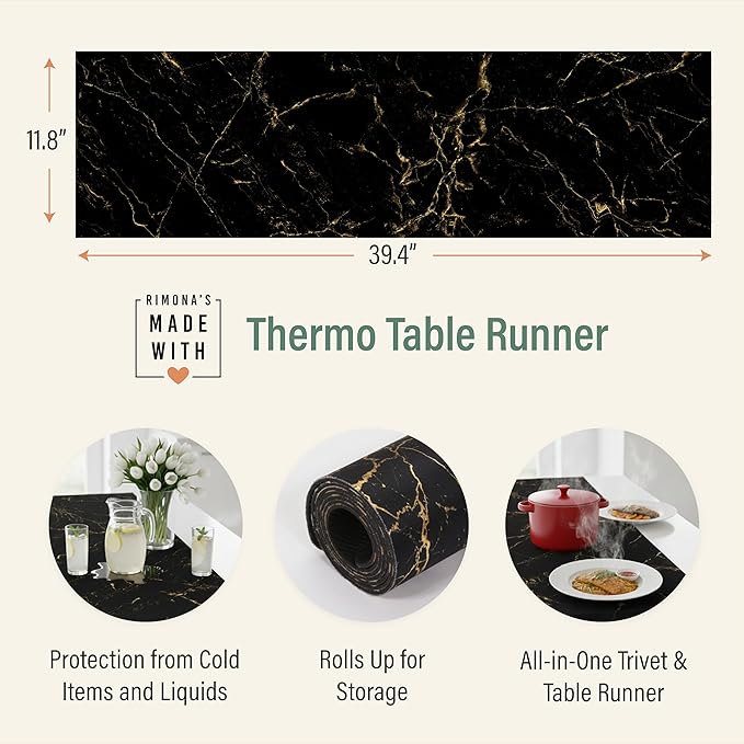 RIMONA'S Thermo Heat Resistant Table Runner and Trivet for Hot Dishes - Waterproof Hot Plates to Protect Table and Countertop - Kitchen & Dining 350F Heat Protector 40" - Black Golden Marble