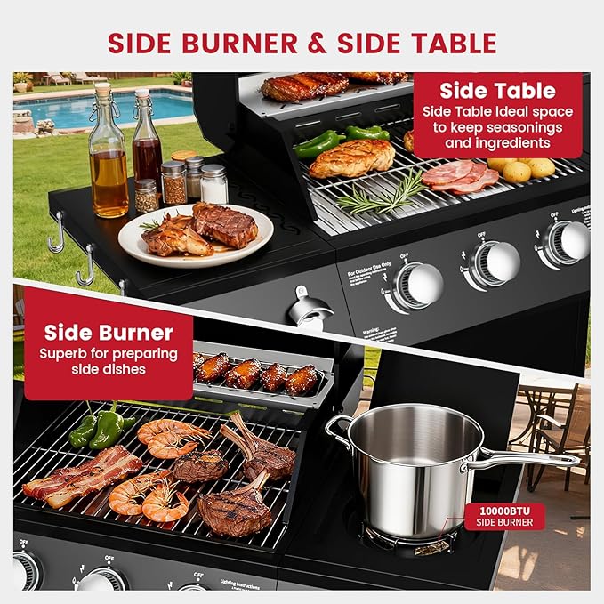 4-Burner Propane Gas Grill with Side Burner, 50,000 BTU Gas BBQ Grill with Stainless Steel Grates,Easy-Clean Grease, Side Tablesfor Patio, Camping, Backyard