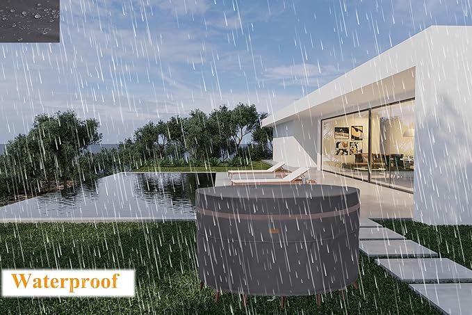 Fire Pit Cover 600D Heavy Duty Waterproof Fabric With PVC Coating Round 48" Dia x 28" H Dark Grey Fits 44-47 inch Fire Pit Table Fade Resistant Outdoor Firepit Cover