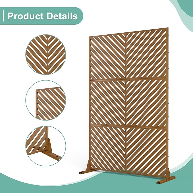Metal Privacy Screen for Outdoor & Indoor Use, Free Standing Privacy Screen for Patio Garden Pool, 72" H x 47" W Decoative Privacy Panels, Weather Resistant, Easy Assembly (Rust Parallel Line)