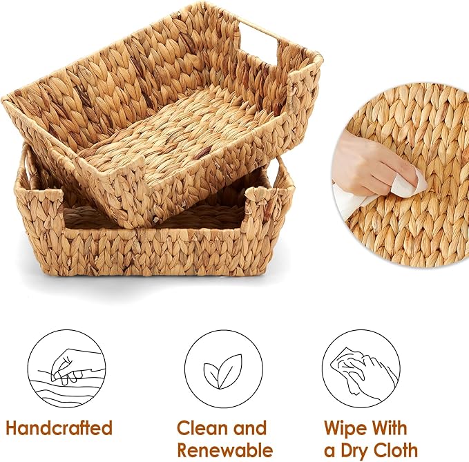 Wicker Baskets 2 Pack, Water Hyacinth Wicker Storage Basket with Handles, Pantry Baskets Organization and Storage, Handmade Large Wickers Baskets for Organizing, Natural