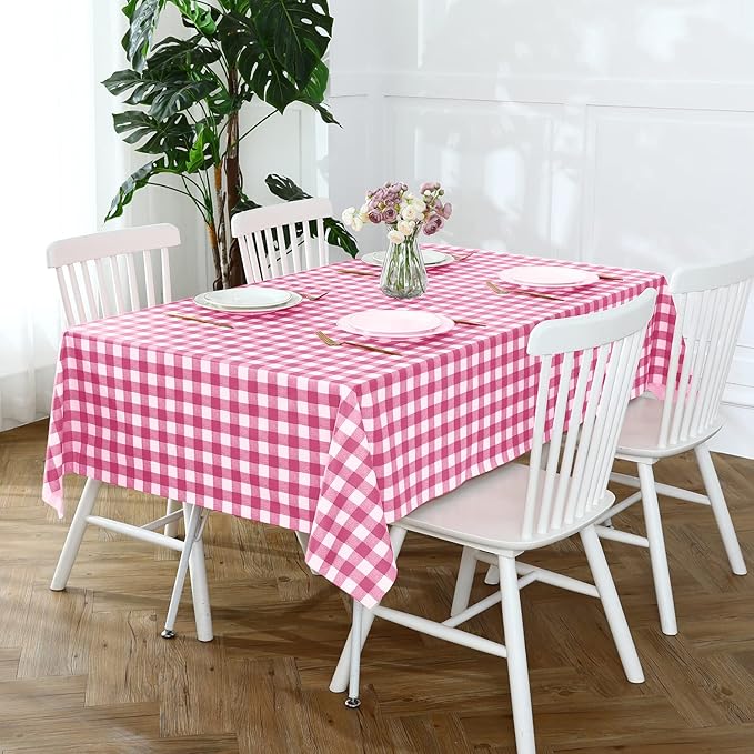 Romanstile Rectangle Vinyl Tablecloth, 100% Waterproof Buffalo Gingham Plastic Table Cloth, Heavy Duty Wipeable Checkered Table Covers for Outdoor, Camping, Picnic, Patio - 54 x 108, Hot Pink