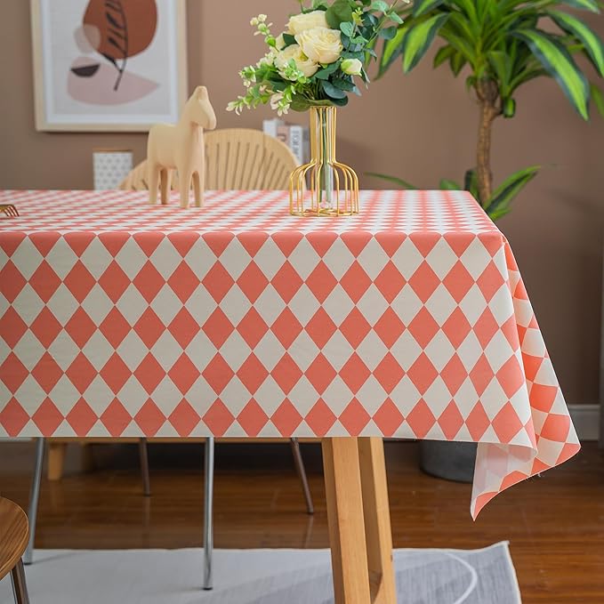 Rectangle Table Cloth,100% Waterproof Tablecloth Oil Proof Spill Proof Vinyl Table Cloth, Wipe Clean Plastic Table Cover for Dining, Camping, Indoor and Outdoor 54" x 102",Pink Checkered