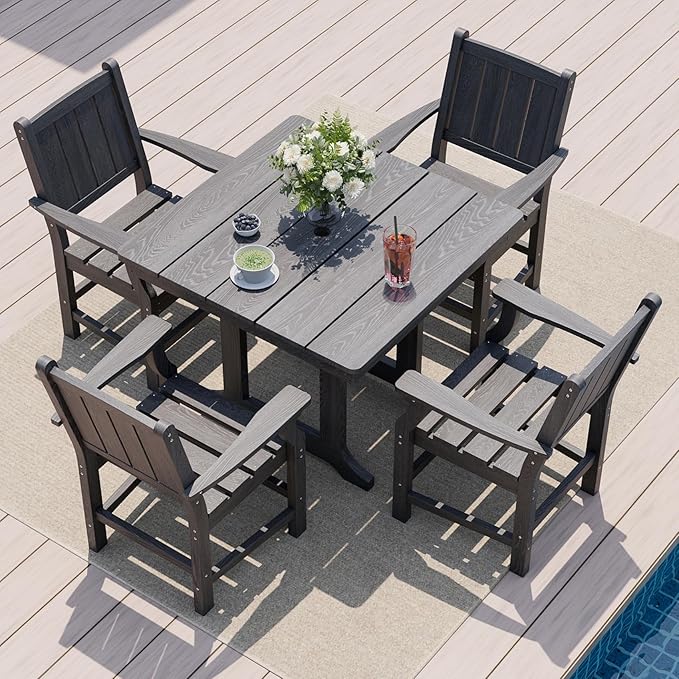 Pamapic 5 PCS Outdoor Dining Set, Spacious HDPE Outdoor Table and Chairs, Wood Grain Patio Furniture Sets with Elegant Armrest, All-Weather Patio Dining Table with Umbrella Hole, Gray