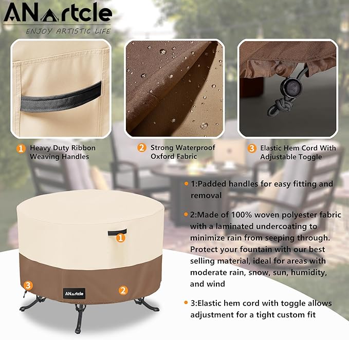 Round Patio Table Cover 50"DIA x 23"H, 100% Waterproof, Heavy Duty, Beige&Brown