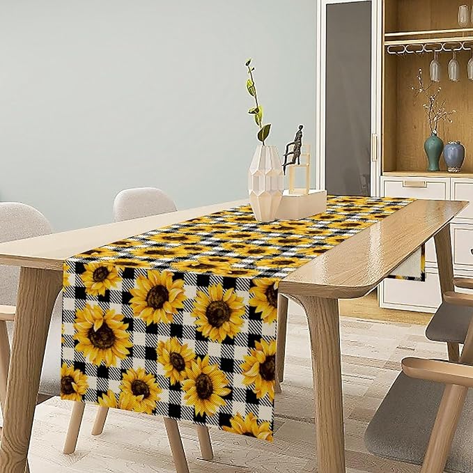 Summer Sunflower Table Runner, Sunshine Seasonal Buffalo Plaid Table Runner for Indoor Home Party Kitchen Dining Outdoor 13x70in