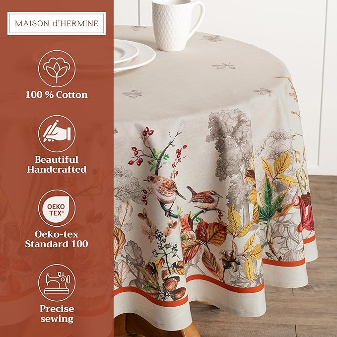 Maison d' Hermine Table Cloth Round Table 100% Cotton 63 Inches Fall Tablecloth Reusable Everyday Use for Thanksgiving Christmas Decorations Dining Farmhouse Party (Recolte)