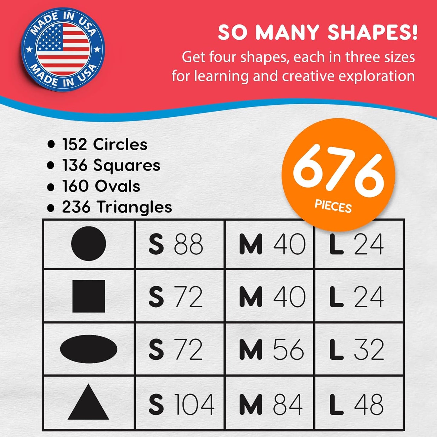 Basic Shapes 1: Circles, Triangles, Squares, Ovals, 676 Pieces US Made Card Stock Punch Out Geometric Shapes in 3 Sizes and 4 PRIMARY Colors for Math, Pattern Play and DIY Crafting