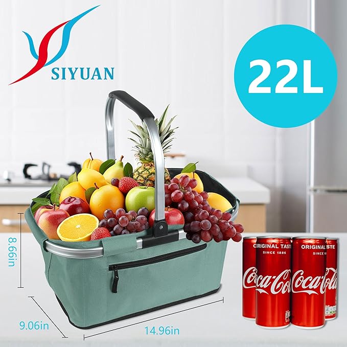 Picnic Basket, SIYUAN Shopping Basket with Handle 22L Collapsible Grocery Basket Portable Folding Basket for Marketing Picnic Reuasble Laundry Basket for Travel, Green