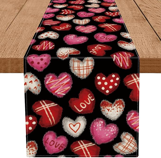 Valentines Day Decorations Table Runner Love Hearts Black Kitchen Dining Table Decor Holiday Anniversary Indoor Outdoor Party Suppies 72×13 Inch