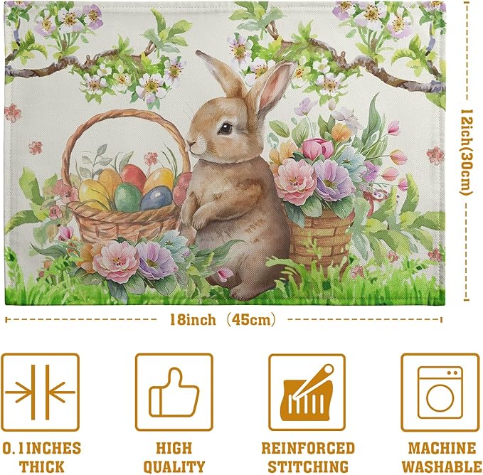 Easter Rabbit Placemats Set of 4 Spring Easter Egg Bunny Flowers Floral Place Mat 12x18 Inch Seasonal Farmhouse Linen Fabric Table Mats for Kitchen Dining Outdoor Indoor Easter Party Decoration