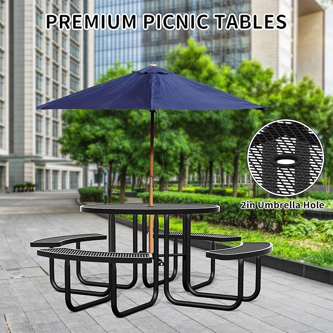 46'' Round Metal Picnic Table for Outdoors, Commercial Steel Metal Picnic Tables, Heavy Duty Sturdy Picnic Tables Furniture Set for Patio Garden Courtyard BBQ, with Umbrella Hole