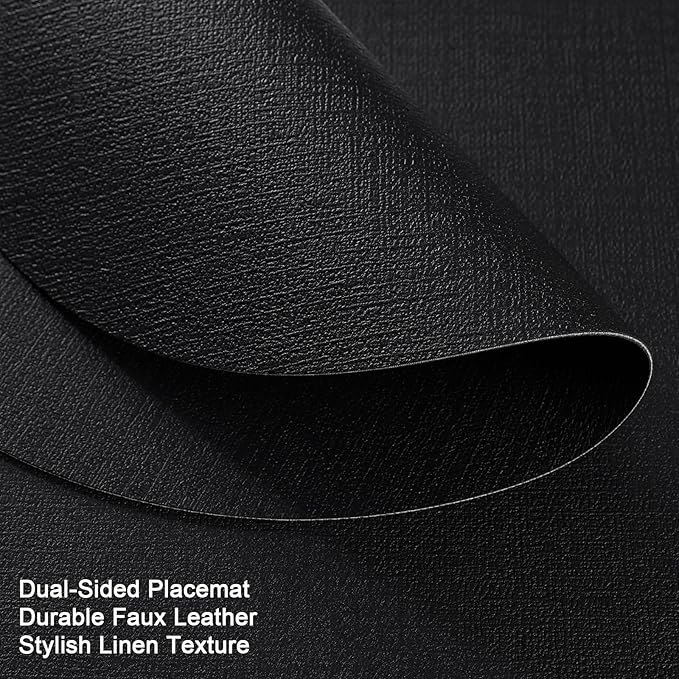 Placemats and Coasters, Washable Reversible Placemats Round Faux Leather Wipeable Place Mats Non Slip Heat Resistant Indoor Outdoor Table Mats (Set of 6, Black)