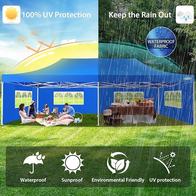 COBIZI 13x26 Pop up Canopy Tent 13x26 Canopy with 6 Sidewalls Waterproof Heavy Duty Commercial Canopy Tent for Parties Outdoor Garden Gazebo, Carry Bag with Wheel(13x26ft, Blue)