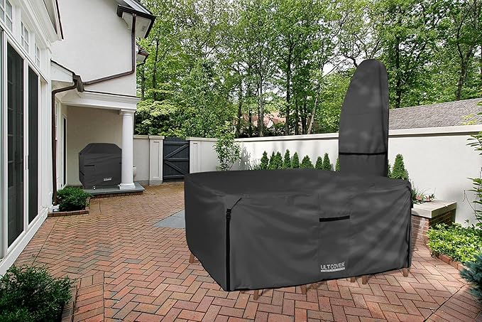 ULTCOVER 600D Tough Canvas Heavy Duty Square Patio Table and Chairs Cover - Waterproof Outdoor General Purpose Furniture Covers 94 inch, Black