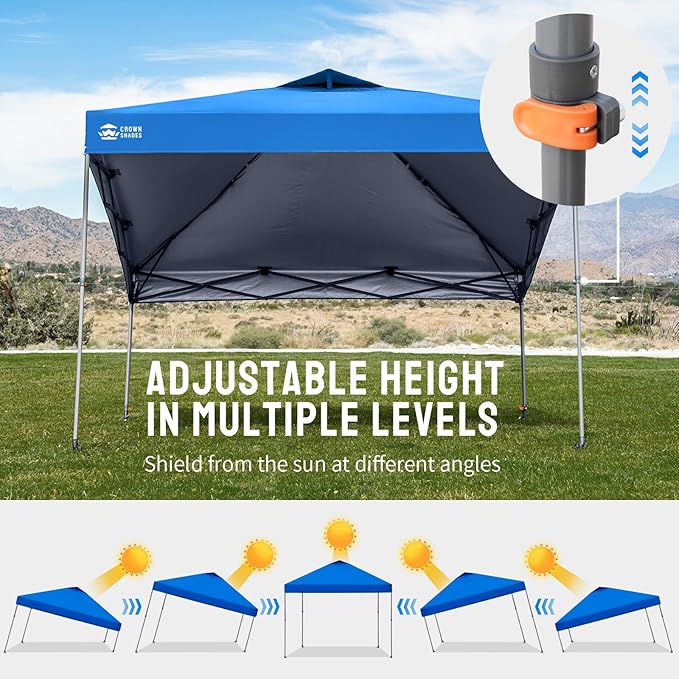 CROWN SHADES Adjustable Height on The Fly, 10x10 Pop Up Canopy - Beach Tent with One Push Setup - Easy Outdoor Sun Shade for Events, Parties, Camping - Outside Shade with STO-N-Go Bag, Blue