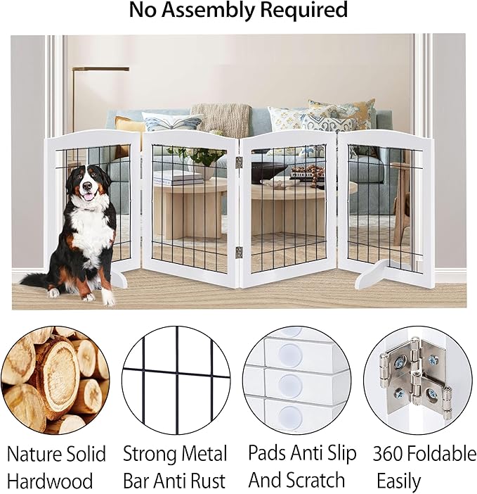 LZRS 4-Panel Freestanding Wooden Dog Gate—Extra Wide 30” Tall Foldable Pet Barrier with Support Feet, Solid Hardwood & Steel Wire Chew-Resistant Safety Gate for Doorways, Hallways, and Stairs, White