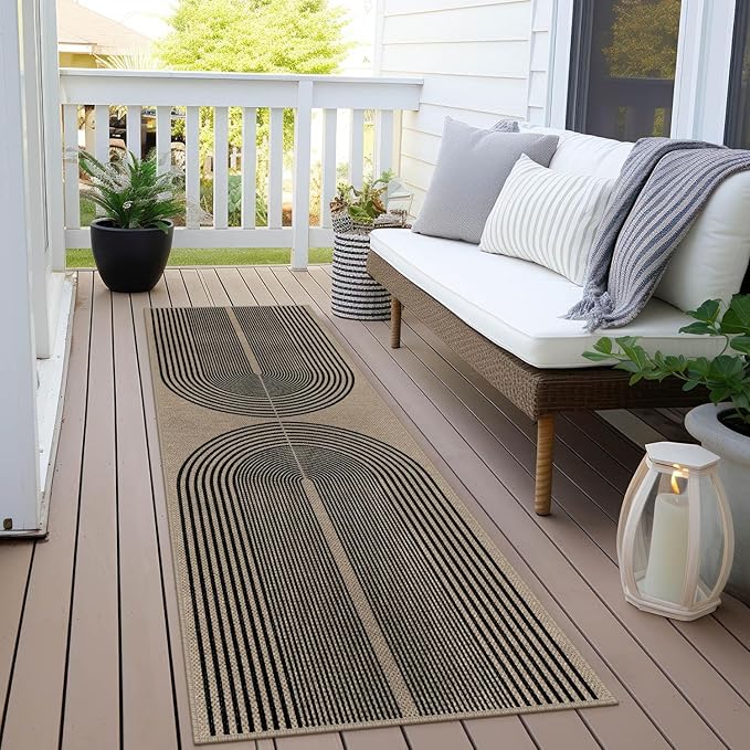 Easy Jute Rainbow Runner Rug, 2x6 Washable Rugs Runner for Hallway Non-Slip Boho Farmhouse Kitchen Runner Rug, Black and Nature Abstract Outdoor Carpet for Porch Laundry Entryway