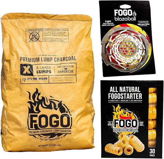 FOGO Super Premium Hardwood Lump Charcoal 17.6 Pound Bag, Fogostarters Natural Fire Starters and Blazaball Bundle
