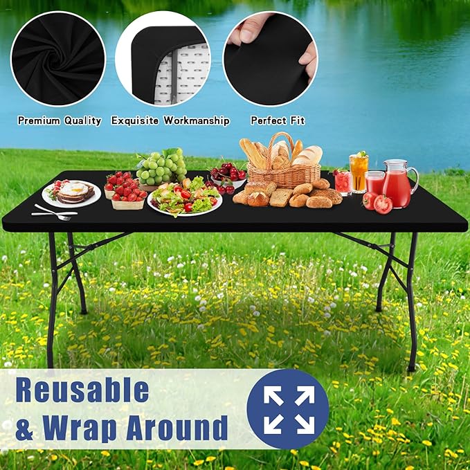 Spandex 6 Foot Rectangle Table Cloth 6 Pack, Elastic Fitted Tablecloths for Picnic, Stretch Washable Patio Table Cover for Outdoor, Camping, Banquet and Parties (Black, 30"x72")