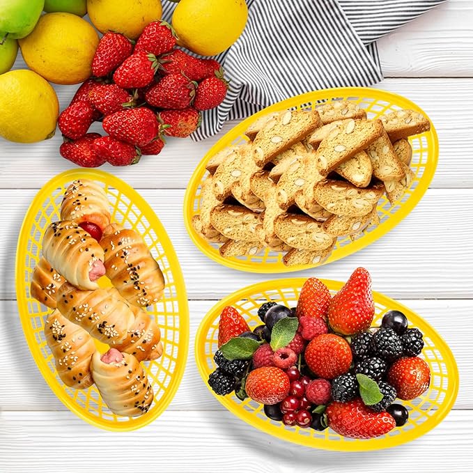 80 Pcs 9 x 5.7 Inch Reusable Oval Fast Food Baskets, Sturdy Plastic Serving Baskets for Fast Food, Parties, Picnics, BBQs and Snacks, by KUKLIPJIM.(Yellow)