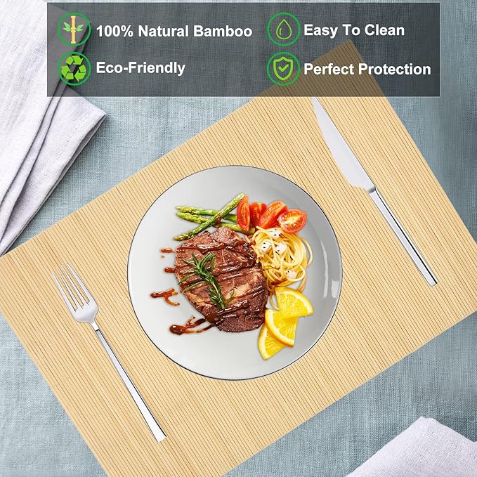 ANDSTAR Set of 4 Pcs Bamboo Placemats Sushi Rolling Mat Japanese Style Natural Anti-Slip Bamboo Placemats Washable Heat-Resistant Table Mats for Dining Room and Kitchen（Natural Color）