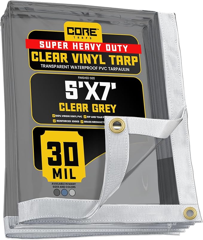 Core Tarps 30 Mil Extreme Heavy Duty Clear Tarp with Grommets - 5x7ft Super Clear Tarps Heavy Duty Waterproof Vinyl Tarpaulin, Transparent Tarp for Outdoor, Camping & Construction, Grey