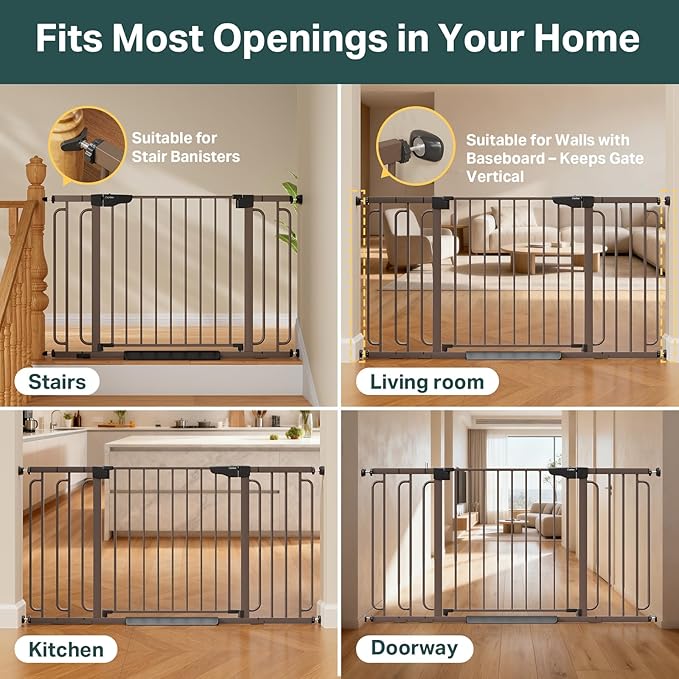 Cumbor 29.7-59" Extra Wide Baby Gate for Stairs, Pressure Mounted Dog Gate for Doorways, Auto-Close Easy Walk Through Safety Child Gate for Kids Toddler, Tall Pet Gates Indoor, Brown