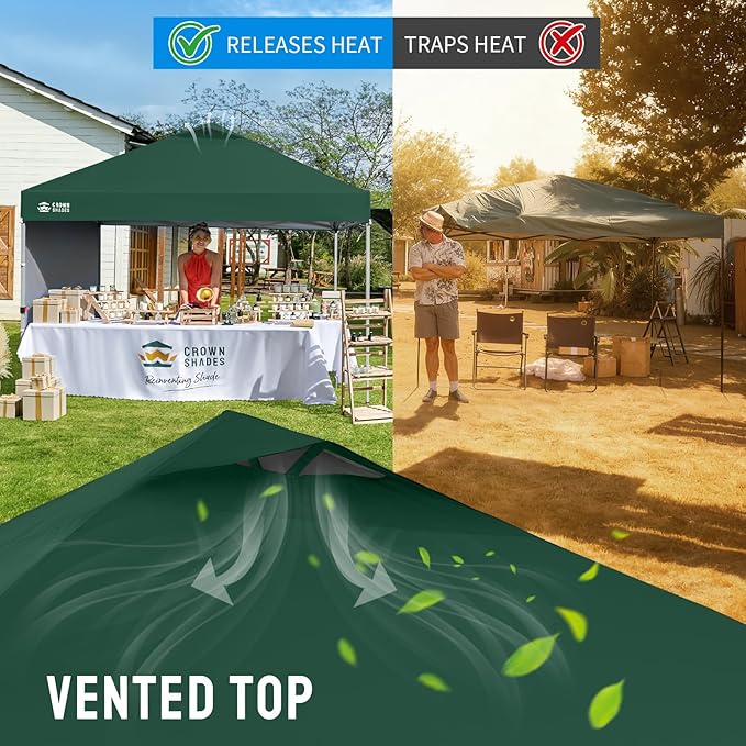 CROWN SHADES 10x10 Pop Up Canopy with 1 Side Wall - Beach Tent with One Push Setup - Outdoor Sun Shade for Events, Parties, Camping - Gazebo with STO-N-Go Cover Bag (Forest Green)
