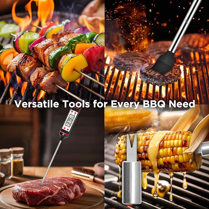 Kaluns Grilling Accessories, Dad Gifts for Christmas Grilling Gifts, Heavy Duty Stainless Steel Grill Set BBQ Grill Accessories for Outdoor Grill with Meat Thermometer, Case and Apron