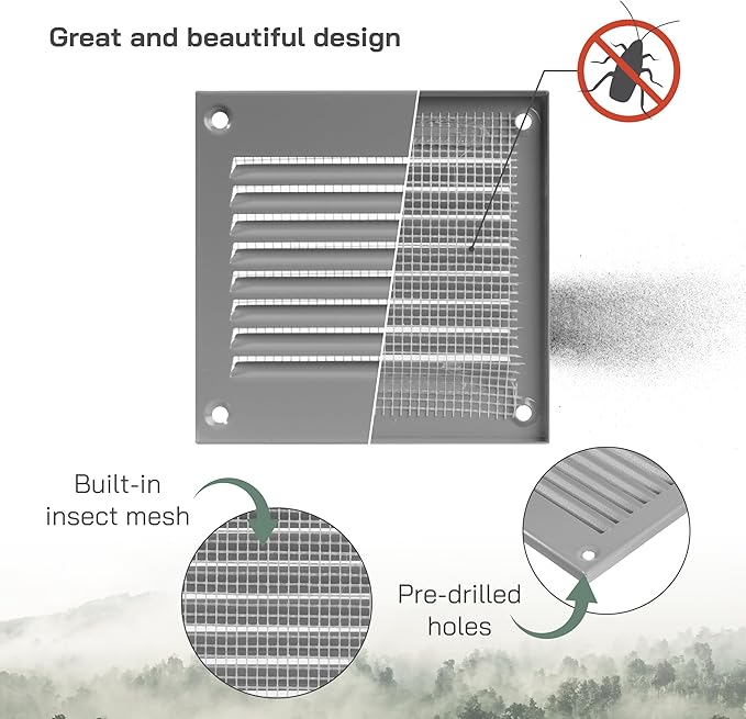 Vent Systems 4'' x 4'' Inch (Overall Dimensions) Pack of 5 - Gray Air Vent Cover - Metal Air Return Grill with Built in Guard Screen - HVAC Ducting Vent Duct Cover for Interior, Exterior Use