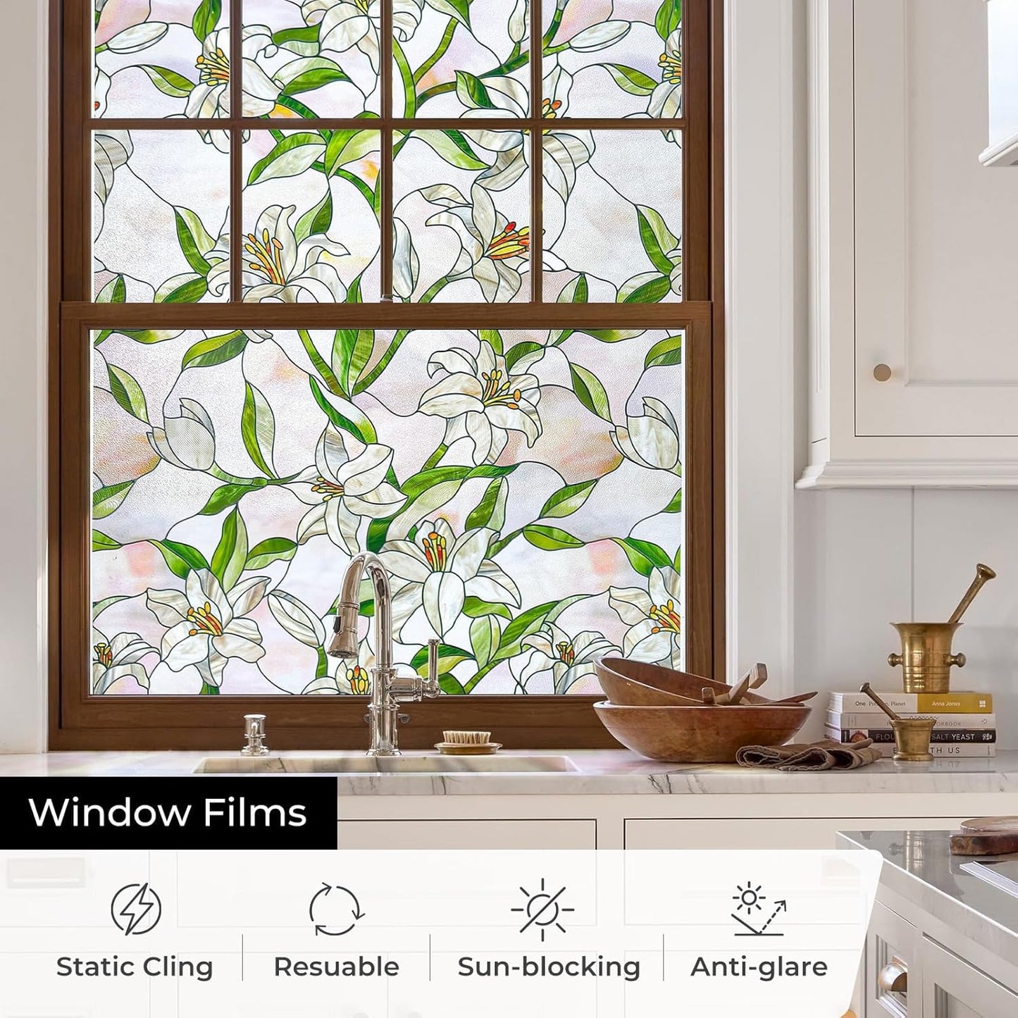 3D Stained Glass Window Film, Decorative Window Privacy Film for Bathroom, Front Door, Home, Sun Blocking Heat Control, Static Cling,White Lily 35.4inch x 78.7inch