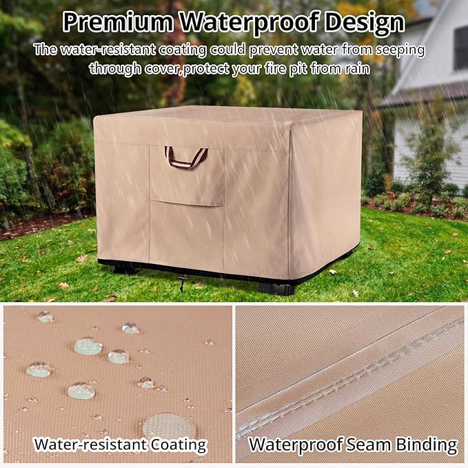 QH.HOME Fire Pit Cover Square-33-36 Inch Heavy Duty 900D Strong Tear-Resistant and UV Resistant and Waterproof and Fading Resistant Material Polyester Firepit Covers for Outdoor Fire Table-Wheat