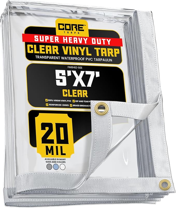 Core Tarps 20 Mil Extreme Heavy Duty Clear Tarp with Grommets - 5x7ft Super Clear Tarps Heavy Duty Waterproof Vinyl Tarpaulin, Transparent Tarp for Outdoor, Camping & Construction