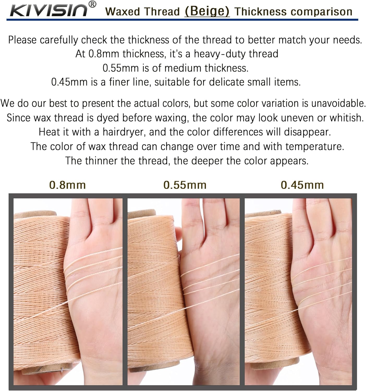 Sturdy Bonded Waxed Polyester Thread, 0.55mm, 437 Yards Wax String Cord - Beige for Leather, Hand Sewing, Stitching, Beading, Bookbinding, Bracelets and Macrame Jewelry Making