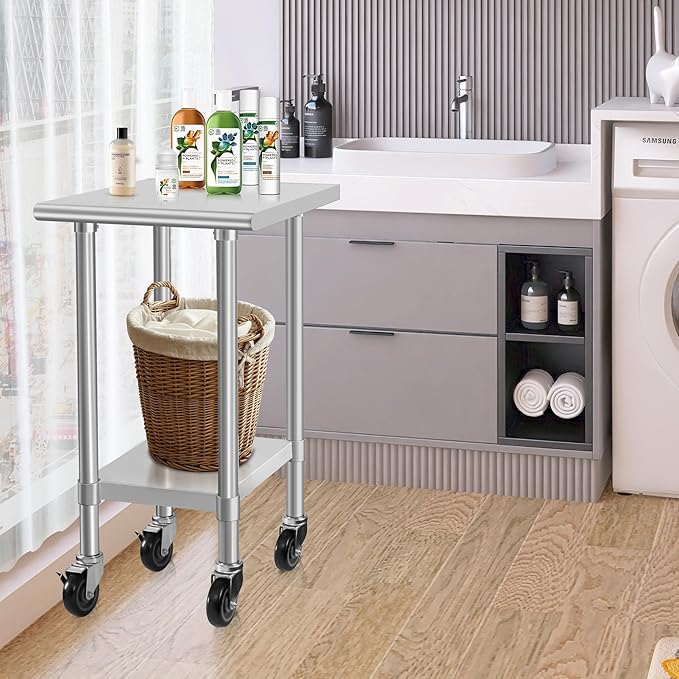HARDURA Stainless Steel Commercial Table Prep & Work Table with Casters Heavy Duty Metal Table with Wheels NSF 430 24×24 Inches