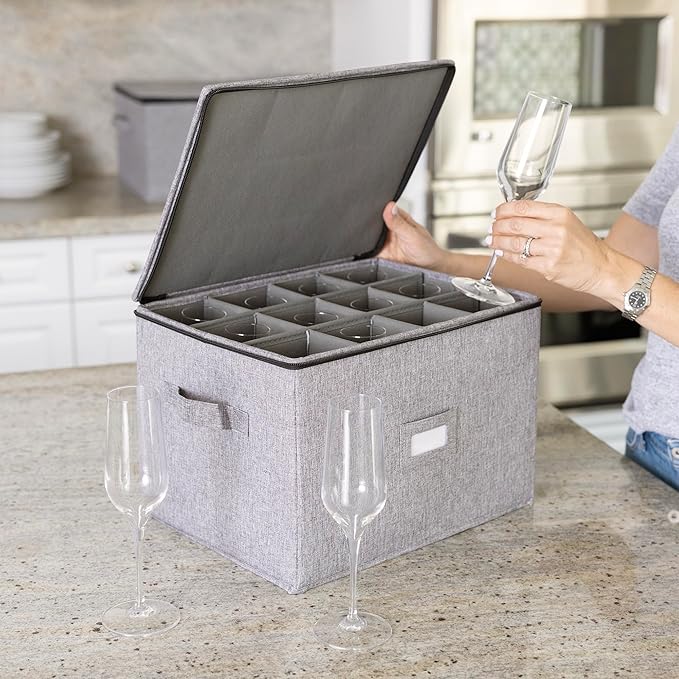 Champagne Flute Storage Box - Hard Shell China Storage Holds 12 Stemware Glasses - Protects Flutes, Crystal Glass, Wine Glasses and Fine China - Stackable - Fully Padded Inside