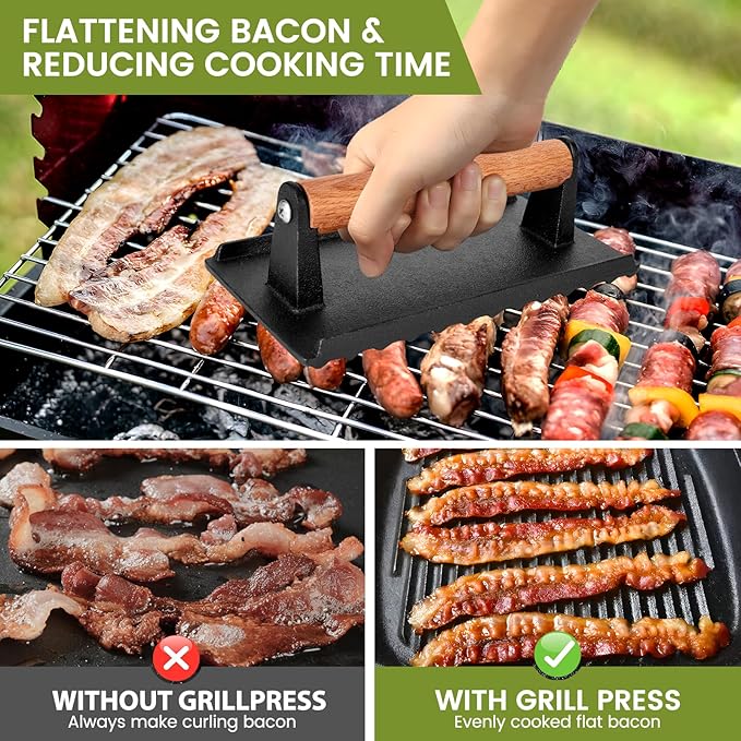 Burger Press, 8.3”X4.3”Rectangle Heavy-Duty Cast Iron Smash Burger Press Griddle Accessories with Heat Resistant Wood Handle for Blackstone Griddle, Ideal for Panini, Steak & Sandwiches